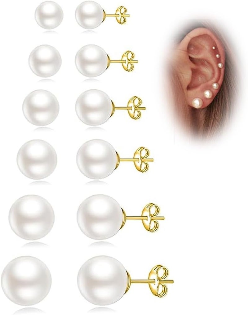 Senteria 925 Sterling Silver Pearl Earrings Studs Set Hypoallergenic Small Stud Earrings Lightweight Shiny Earrings Studs for Women 6 Pairs 3-10MM - Image 1